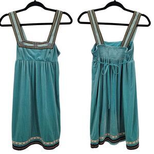 Free People Dress XS Teal Blue Velour Mini Square Neckline Smocked Ribbon Trim